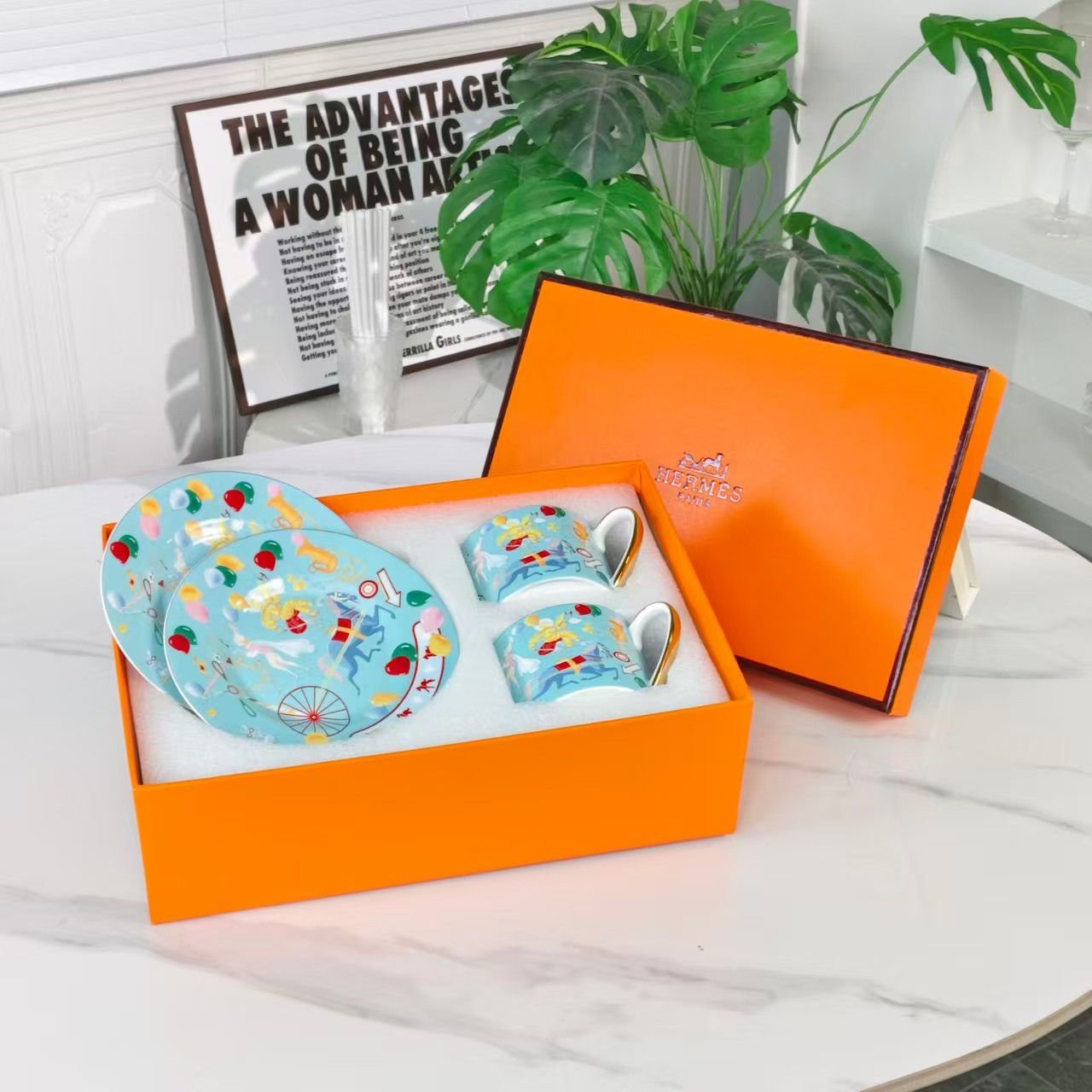 Hermes Blue Tea set of two cups plus saucers